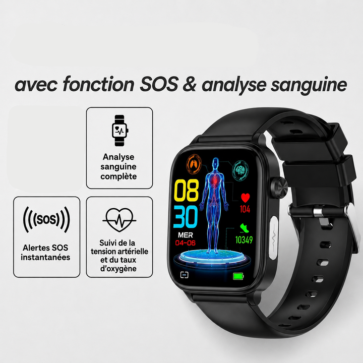Montre connectée intelligente avec fonction SOS, suivi santé et détection de chute. Sécurité et bien-être assurés.