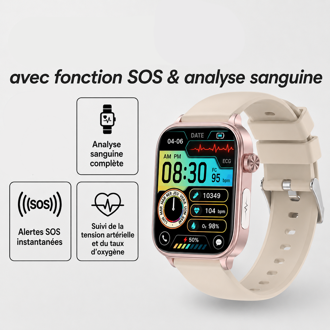 Smartwatch de sécurité pour adultes. Bracelet silicone, étanche, détection de chute, bouton SOS facile d'accès.