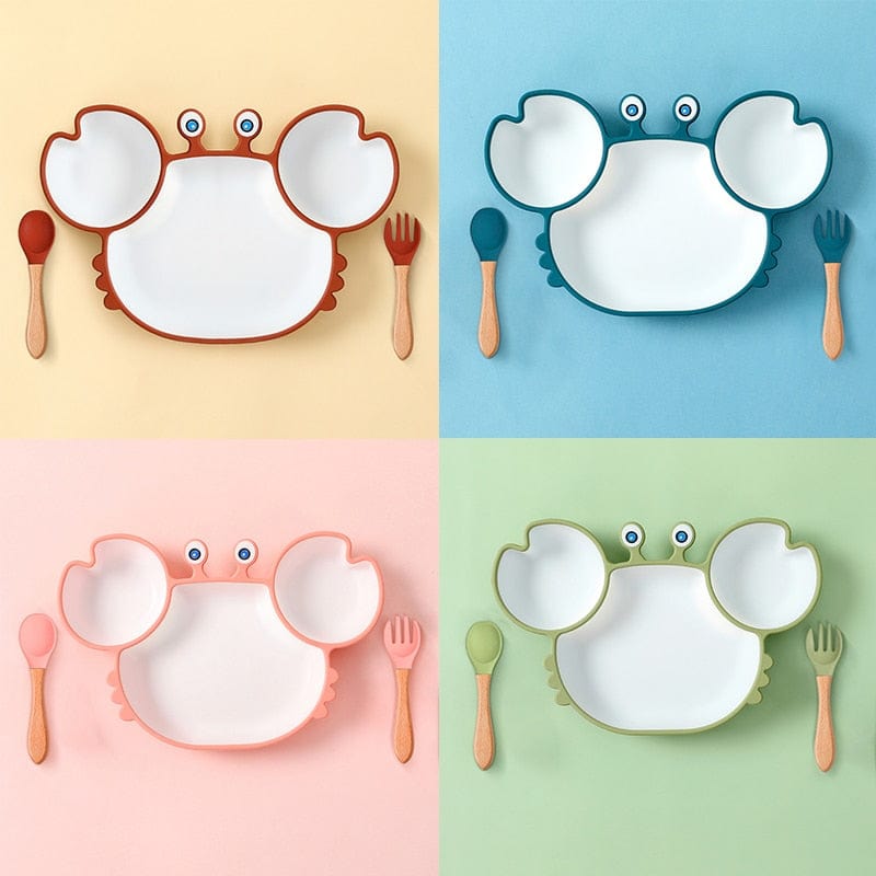 Vaisselle enfant antidérapante: assiette crabe en silicone alimentaire sans BPA, pour des repas joyeux et propres.