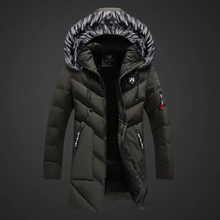 Veste Theo d'hiver homme, coupe moderne et chaude. Tissu matelassé avec capuche doublée fausse fourrure. Protection.