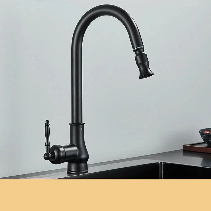 Robinet cuisine pivotant noir mat, style BrassElegance. Design moderne et antique pour rénovation.