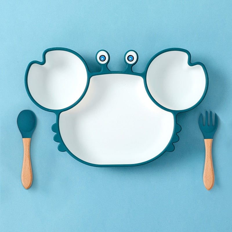 Assiette crabe bébé en silicone de qualité alimentaire, sans substances nocives. Un accessoire repas facile à nettoyer.
