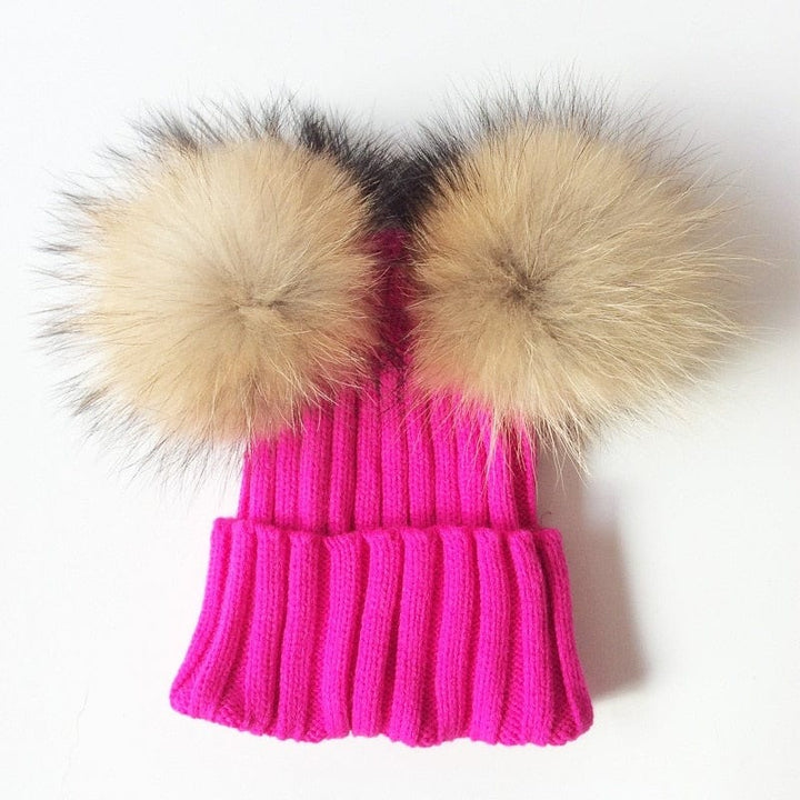 Bonnet d'hiver pour enfant, double pompon fourrure doux, protection contre le froid.