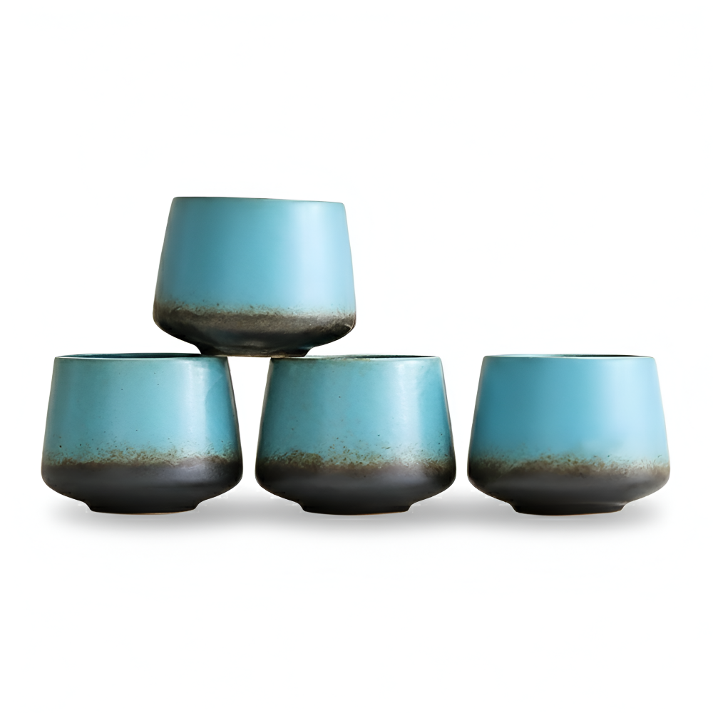 Design tie-dye moderne sur tasses à café en céramique artisanale, set de 4. Pour un intérieur tendance.