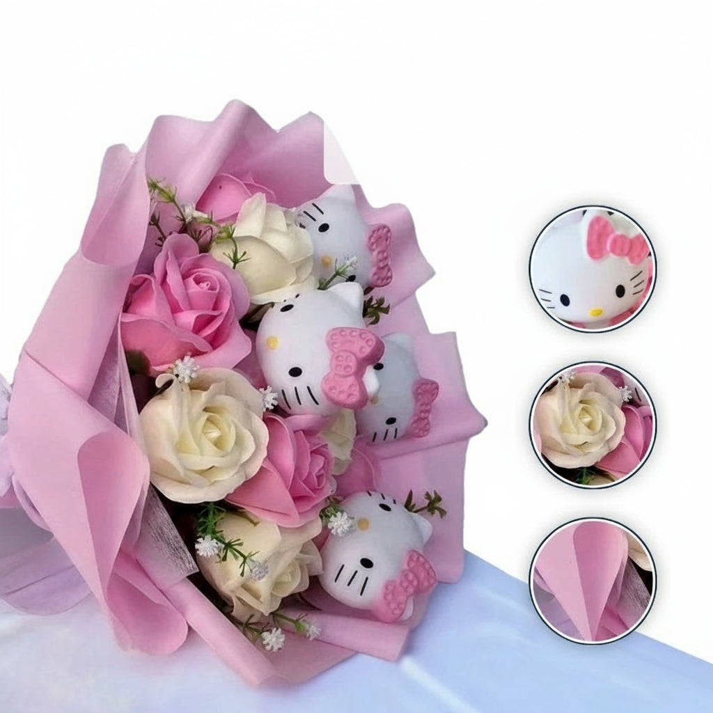 Bouquet joyeux de fleurs synthétiques multicolores avec mignons chatons, parfait pour décoration ou cadeau.