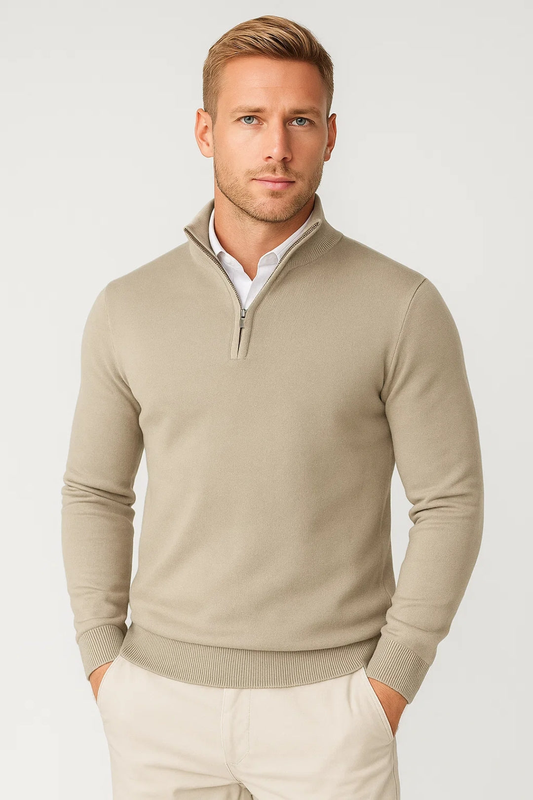 Pull homme de qualité, demi-zip. Chandail col montant confortable et élégant pour le style smart-casual.