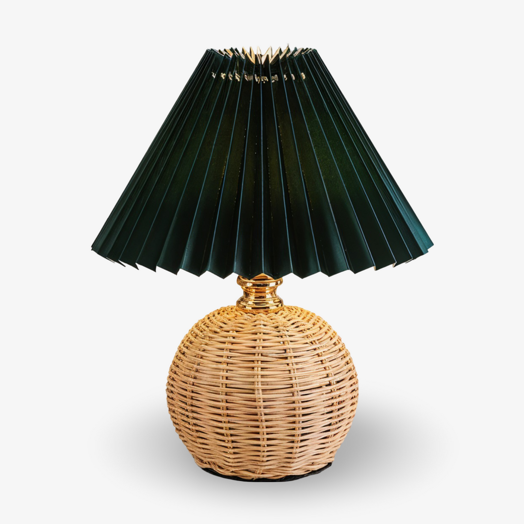 Lampe de table LED, rotin plissé, design rétro, lumière chaude pour chambre et salon.