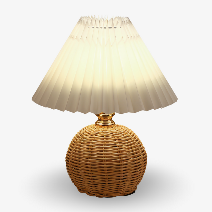 Lampe de table rétro en rotin naturel plissé, ambiance scandinave, décoration soignée.