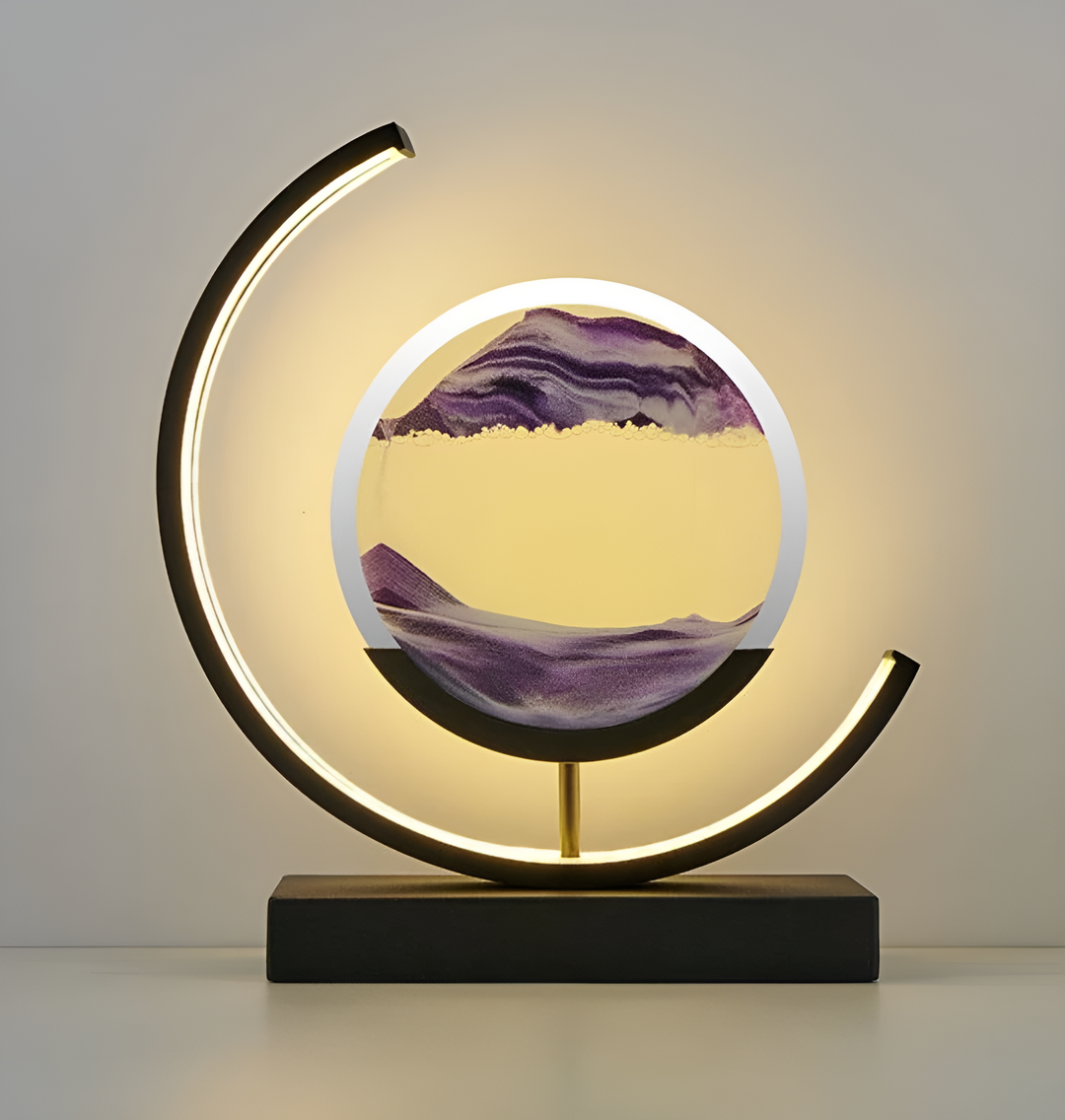 Lampe LED de table Sandscape 3D avec sable fluide. Apporte une lumière relaxante et un style moderne à votre chambre.