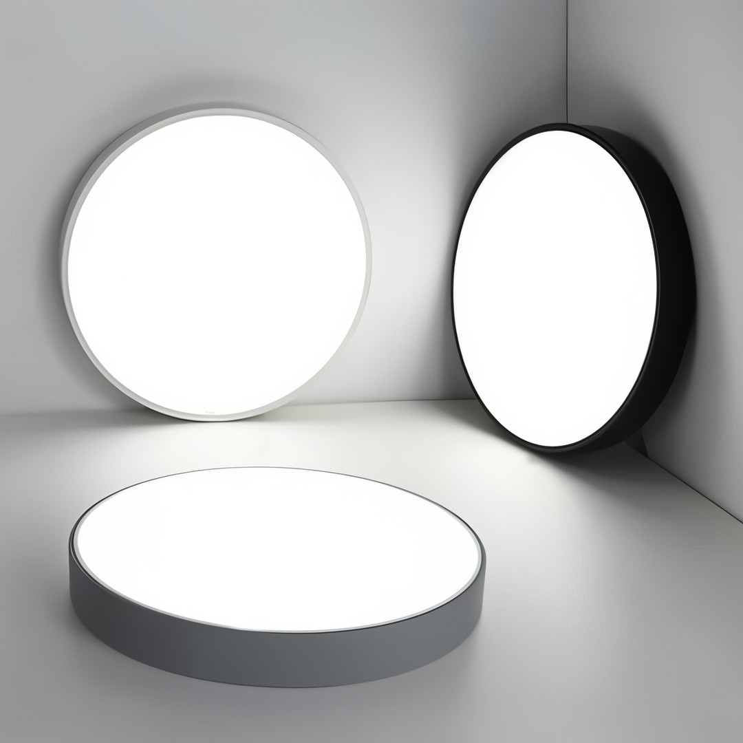 Plafonnier LED rond, design macaron, lumière chaude pour salon.