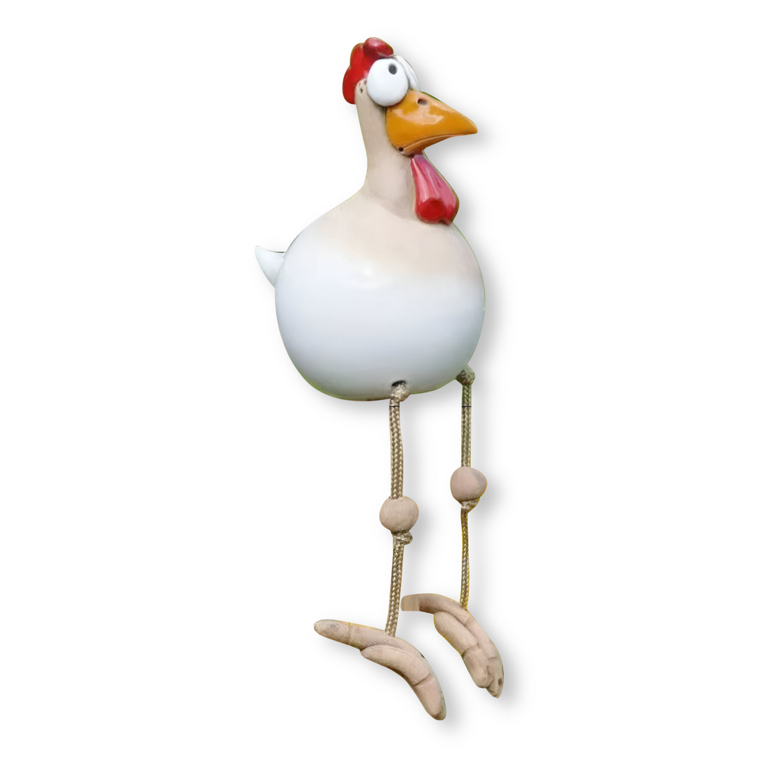 Figurine coq rigolo pour amuser le jardin, en résine robuste, avec jambes balantes.