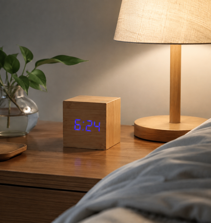 Horloge numérique compacte et cubique. Idéale pour petits espaces de bureau, ou comme réveil discret et moderne.