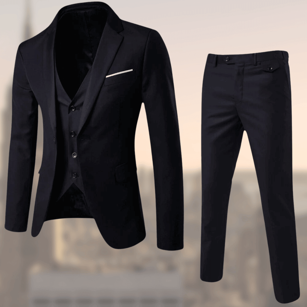 Costume slim homme professionnel bleu, noir ou gris. Ensemble deux pièces chic pour cérémonie, bureau ou événement formel.