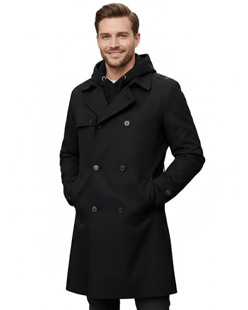 Manteau trench chic pour homme, coupe classique, double boutonnage et ceinture. Idéal look automne/hiver.