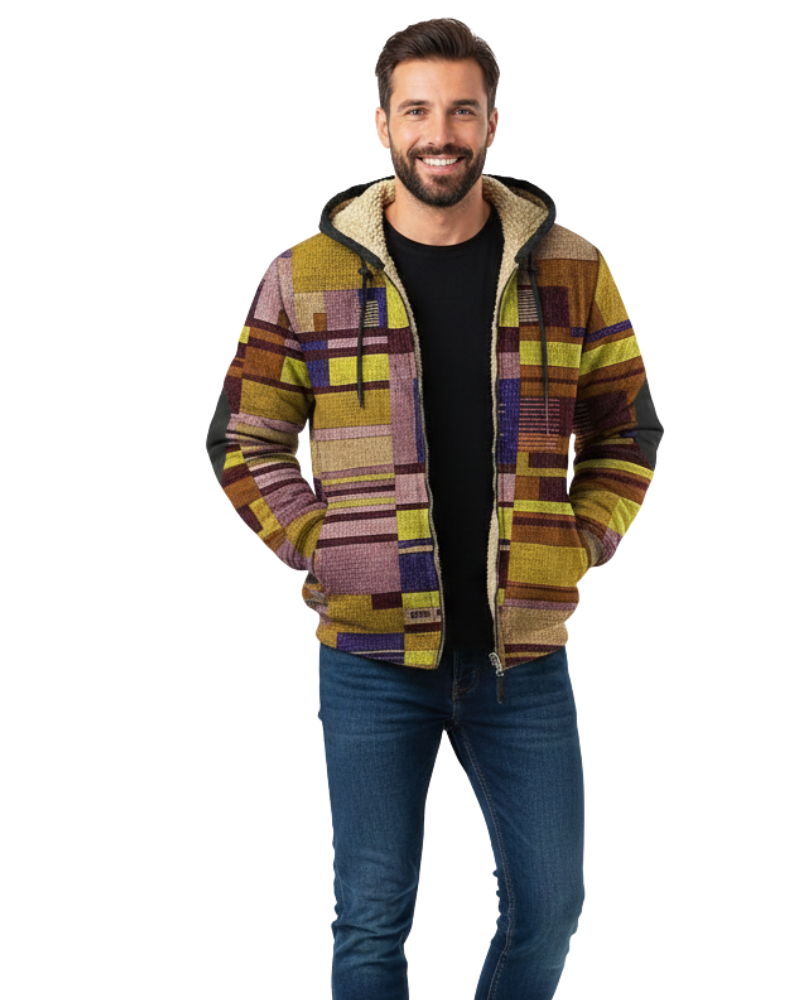 Veste homme patchwork à capuche, confortable, coupe décontractée. Idéal pour un look urbain moderne.