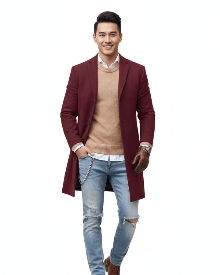Manteau homme d'hiver/automne à boutonnage simple, coupe ajustée pour une élégance moderne. Veste longue casual chic.