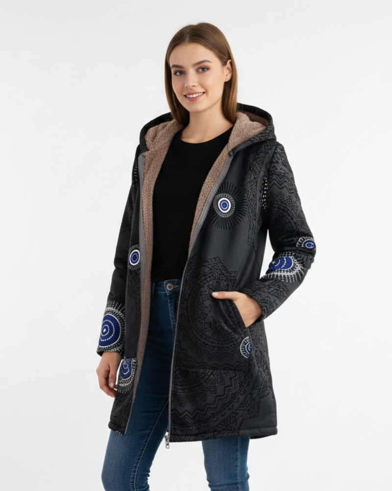 Parka femme d'hiver très chaude, motif géométrique coloré, coupe bohème et capuche. Confort et mode.