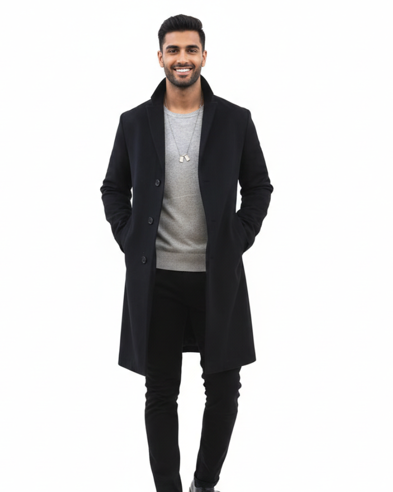 Veste longue homme, boutonnage simple, coupe ajustée moderne pour un style casual chic. Manteau élégant d'automne/hiver.