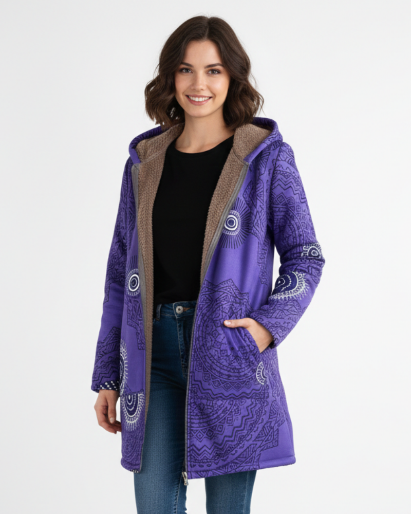 Manteau parka femme chaud et doublé pour l'hiver, design bohème avec motif géométrique. Capuche incluse.