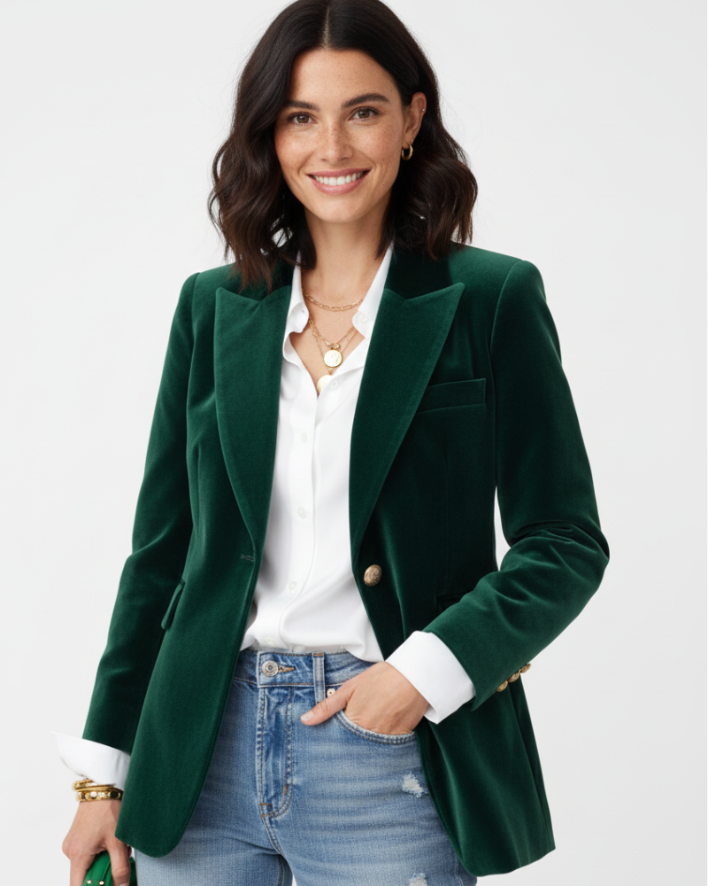 Blazer femme vert polyvalent, coupe élégante avec boutons dorés. Veste chic pour toute saison, mode femme.