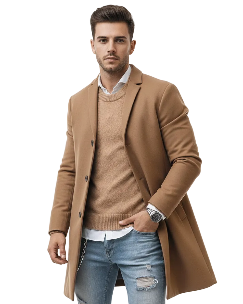 Manteau homme élégant à boutonnage simple, coupe ajustée moderne. Idéal pour l'hiver et l'automne, style casual chic.