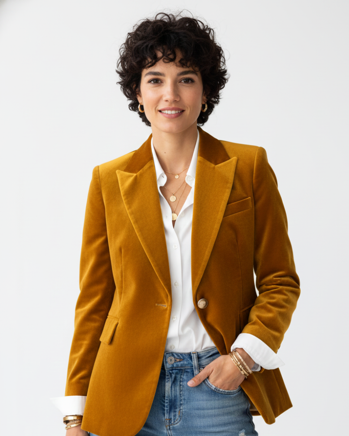 Blazer femme vert élégant, coupe chic et boutons dorés. Parfait pour une tenue bureau ou un look rétro.