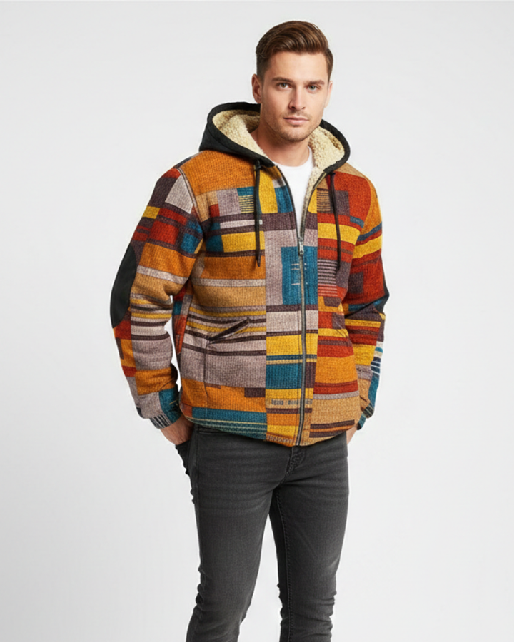Gilet homme patchwork avec capuche, confortable, style urbain décontracté. Veste mode masculine.