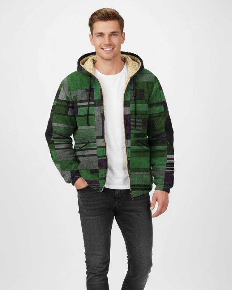 Veste homme patchwork, design unique à capuche. Gilet confortable et décontracté, parfait pour le style urbain.