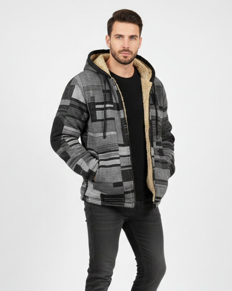 Mode homme: Gilet décontracté patchwork et veste à capuche. Vêtement confortable, coupe urbaine moderne.
