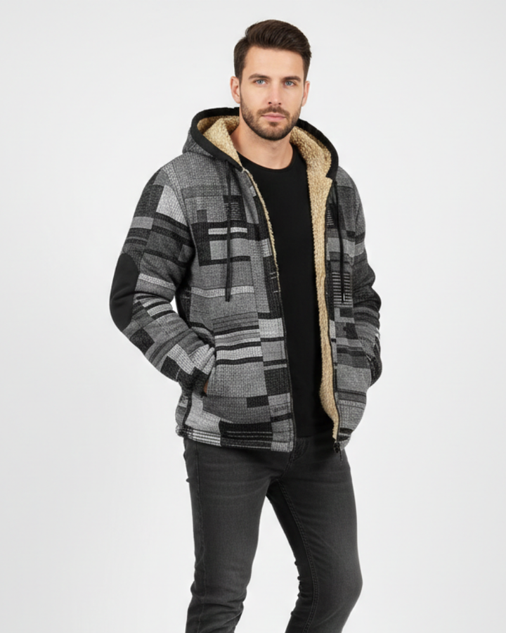 Mode homme: Gilet décontracté patchwork et veste à capuche. Vêtement confortable, coupe urbaine moderne.