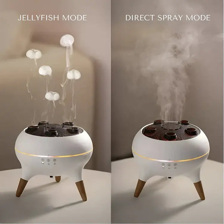 Diffuseur de brume méduse pour aromathérapie, lumière LED ambiante, humidificateur, détente zen maison.