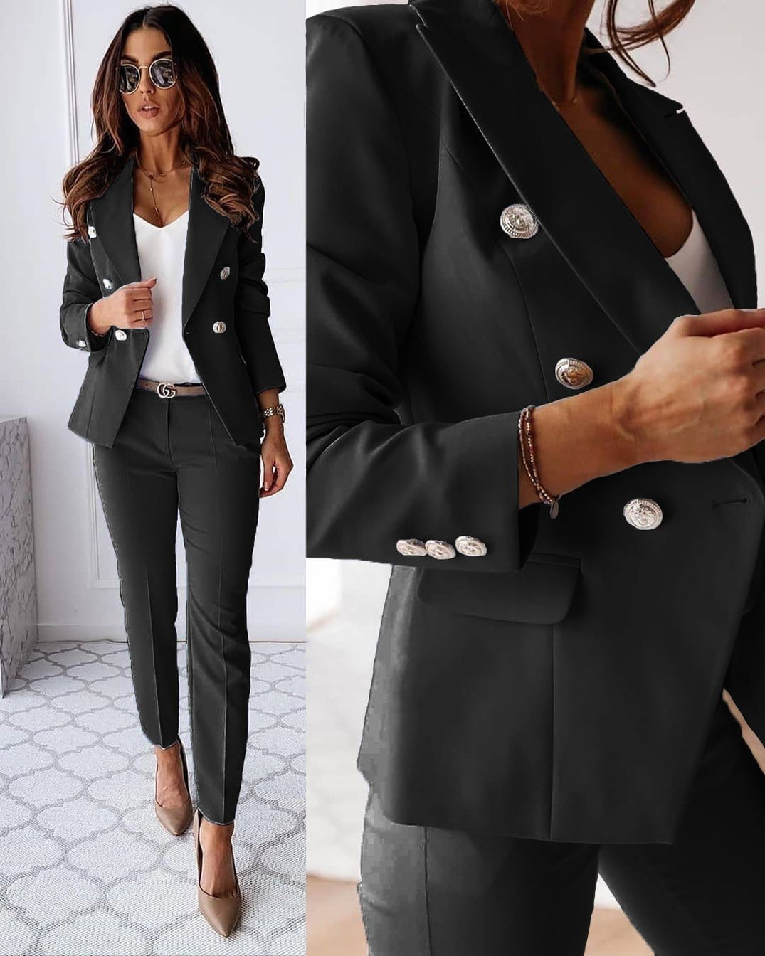 Ensemble blazer et pantalon femme élégant, idéal pour le bureau ou une soirée chic. Tailleur femme uni.
