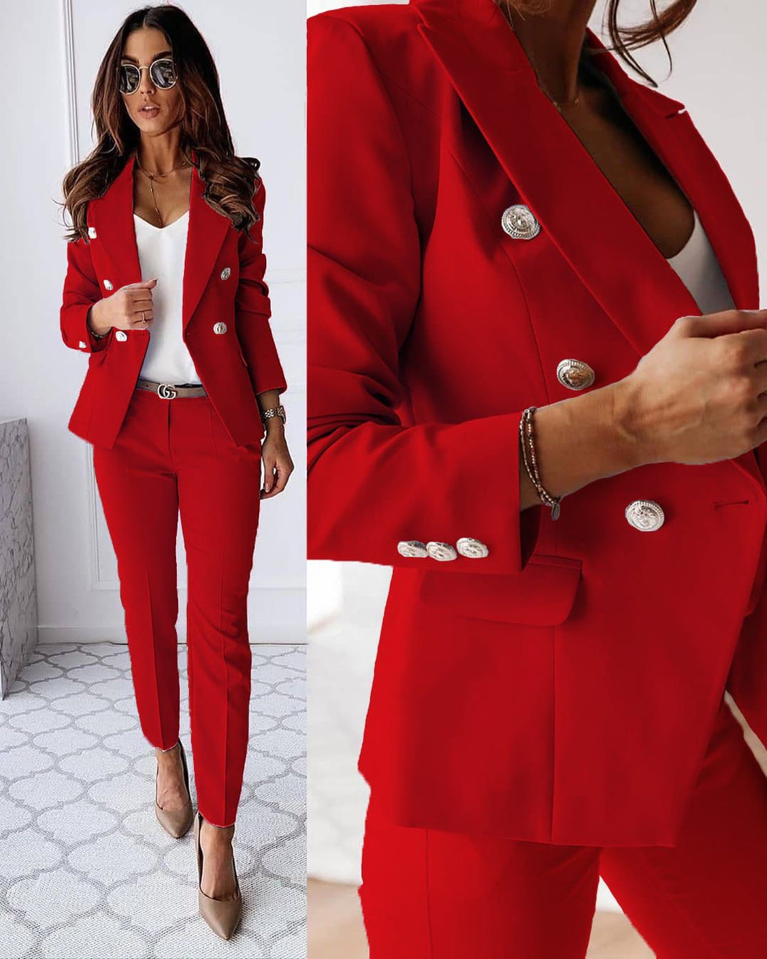 Blazer et pantalon femme raffinés, style tailleur moderne. Tenue chic pour mode féminine et occasions habillées.