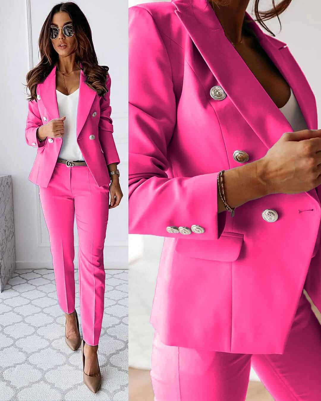 Ensemble femme chic couleur unie, blazer et pantalon. Idéal pour une tenue de bureau élégante ou une soirée habillée.