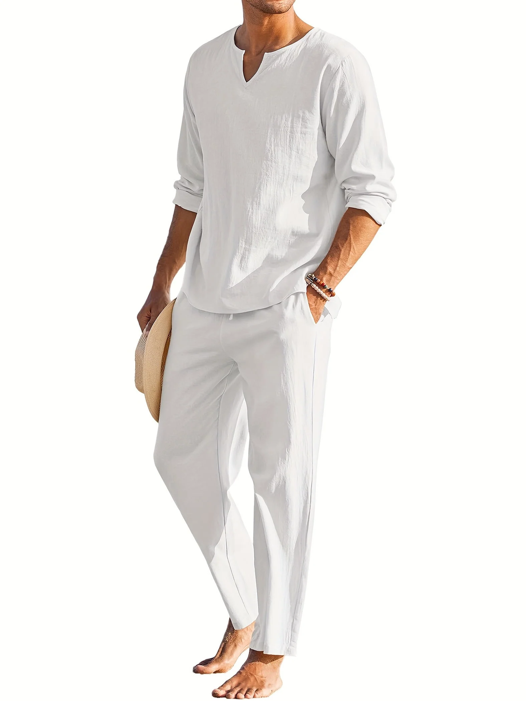 Ensemble casual chic homme 2 pièces, chemise à col V manches longues et pantalon droit pour un look estival.