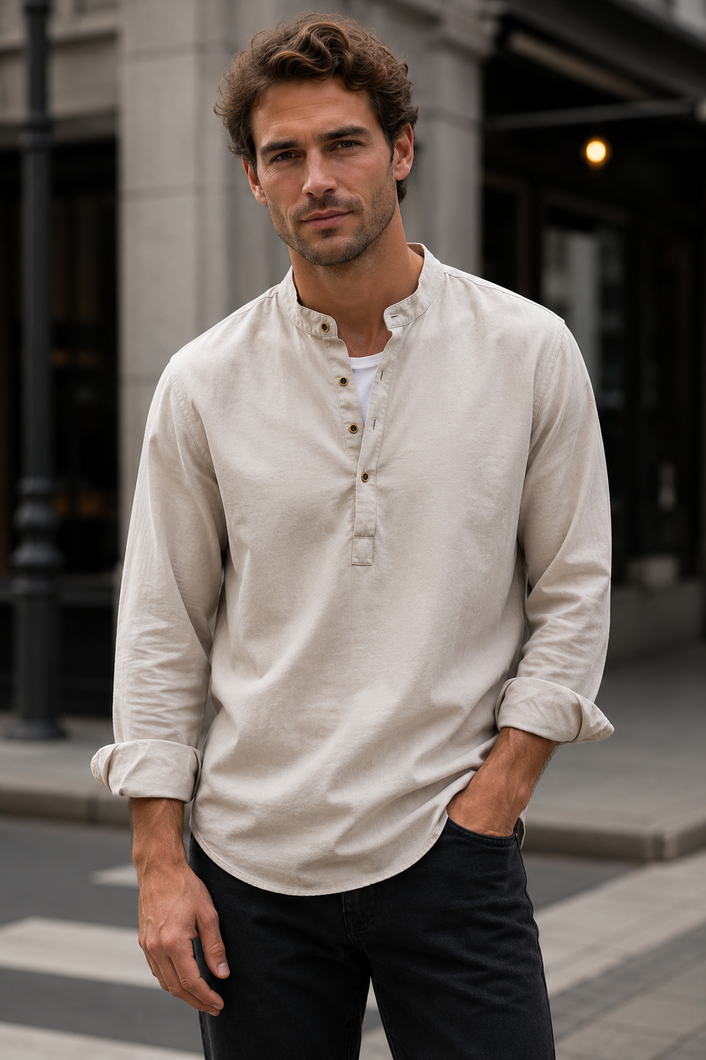 Confortable chemise Henley Kaizen homme en coton, manches longues, parfaite pour printemps/été.