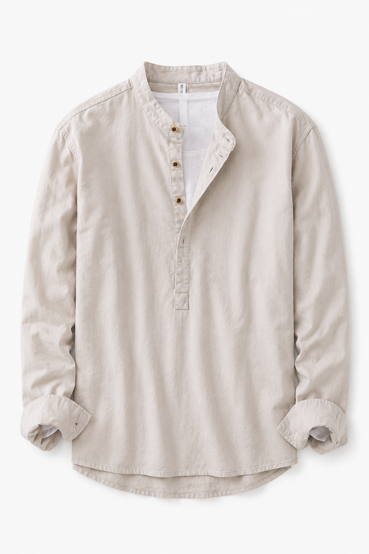 Vêtement homme Kaizen : chemise Henley décontractée à manches longues, look moderne et stylé.
