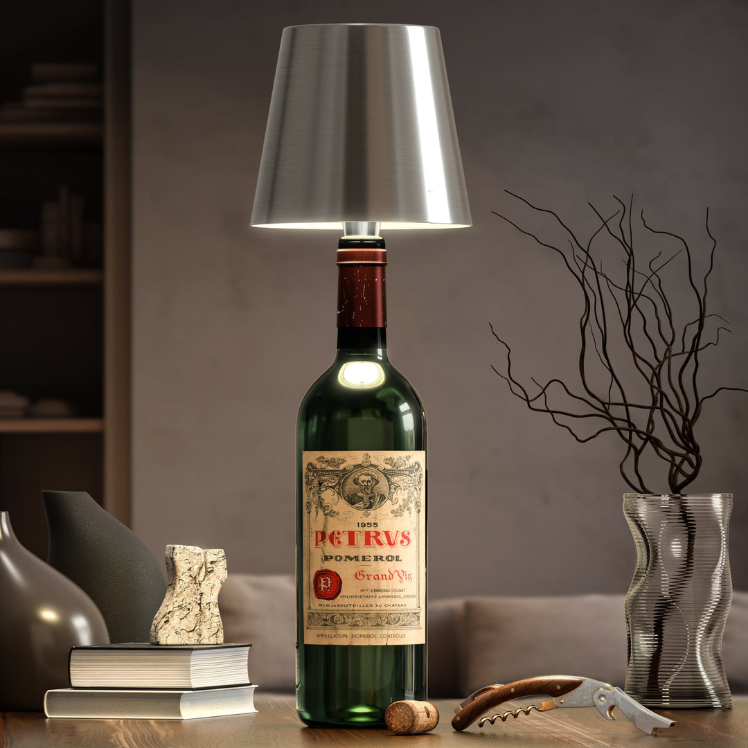 Lampe de table rechargeable, motif bouteille, éclairage LED polyvalent.