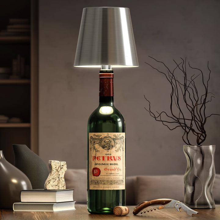 Lampe de table rechargeable, motif bouteille, éclairage LED polyvalent.