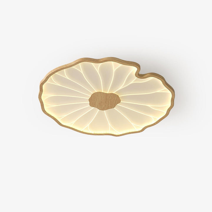 Luminaire plafond LED Solara, bois noyer, design feuille de lotus, pour un éclairage de qualité.