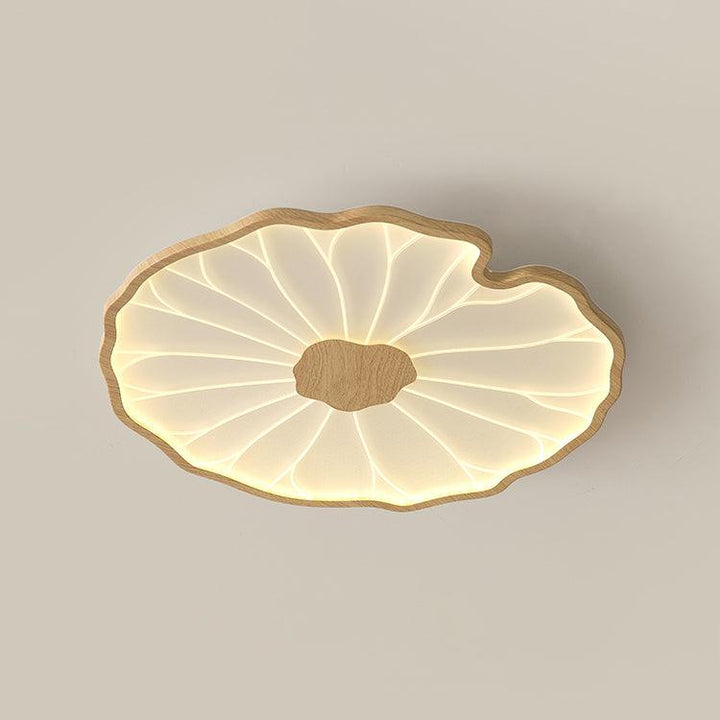 Éclairage LED Solara intérieur, motif feuille de lotus, bois noyer, illumine salle à manger.