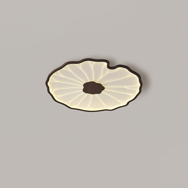 Plafonnier LED Solara design bois naturel, feuille de lotus, élégant luminaire pour plafond.