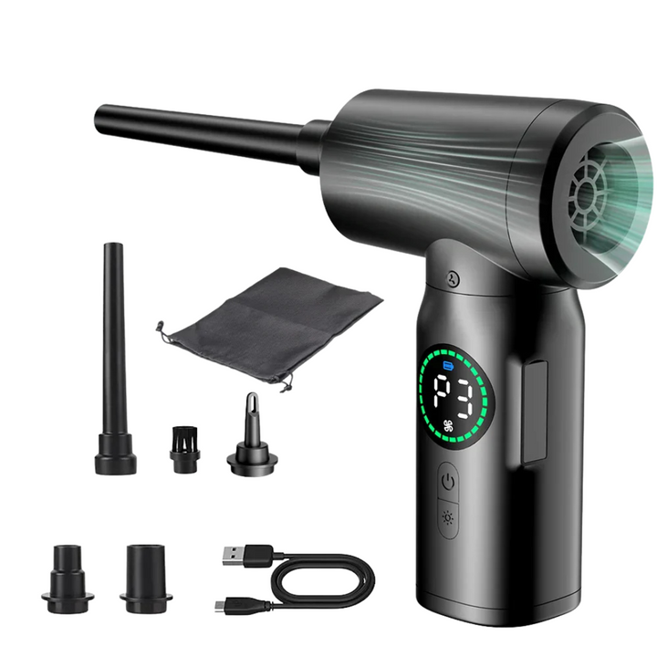 Aspirateur souffleur puissant multifonctionnel avec LED intégrée, parfait pour tout nettoyage portable.