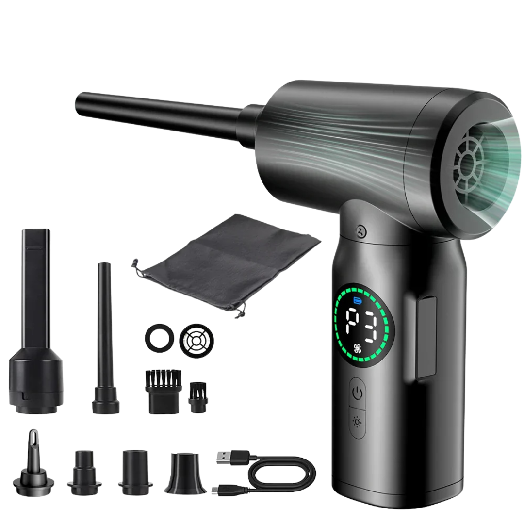 Solution nettoyage portable 2-en-1 : aspirateur et souffleur sans fil avec LED pour usage polyvalent.