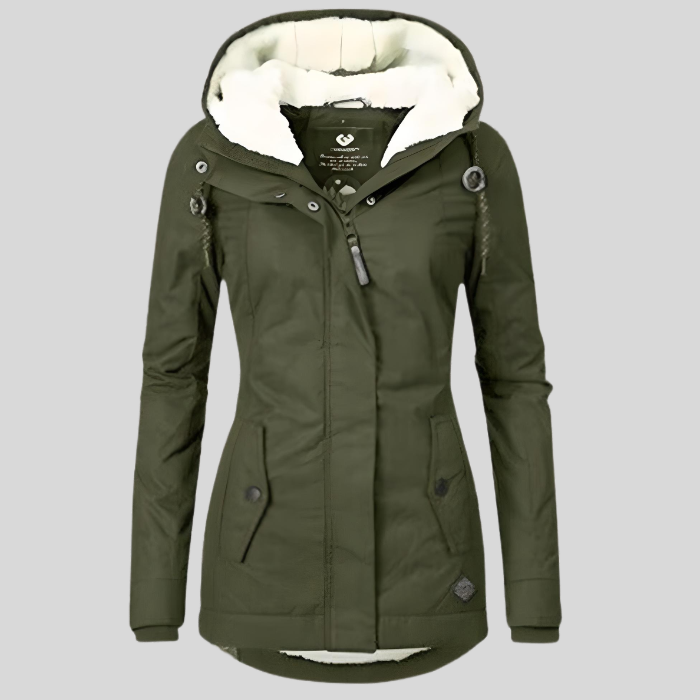 Manteau long femme hiver chaud, imperméable et coupe-vent, avec capuche. Vêtement extérieur mode féminine.