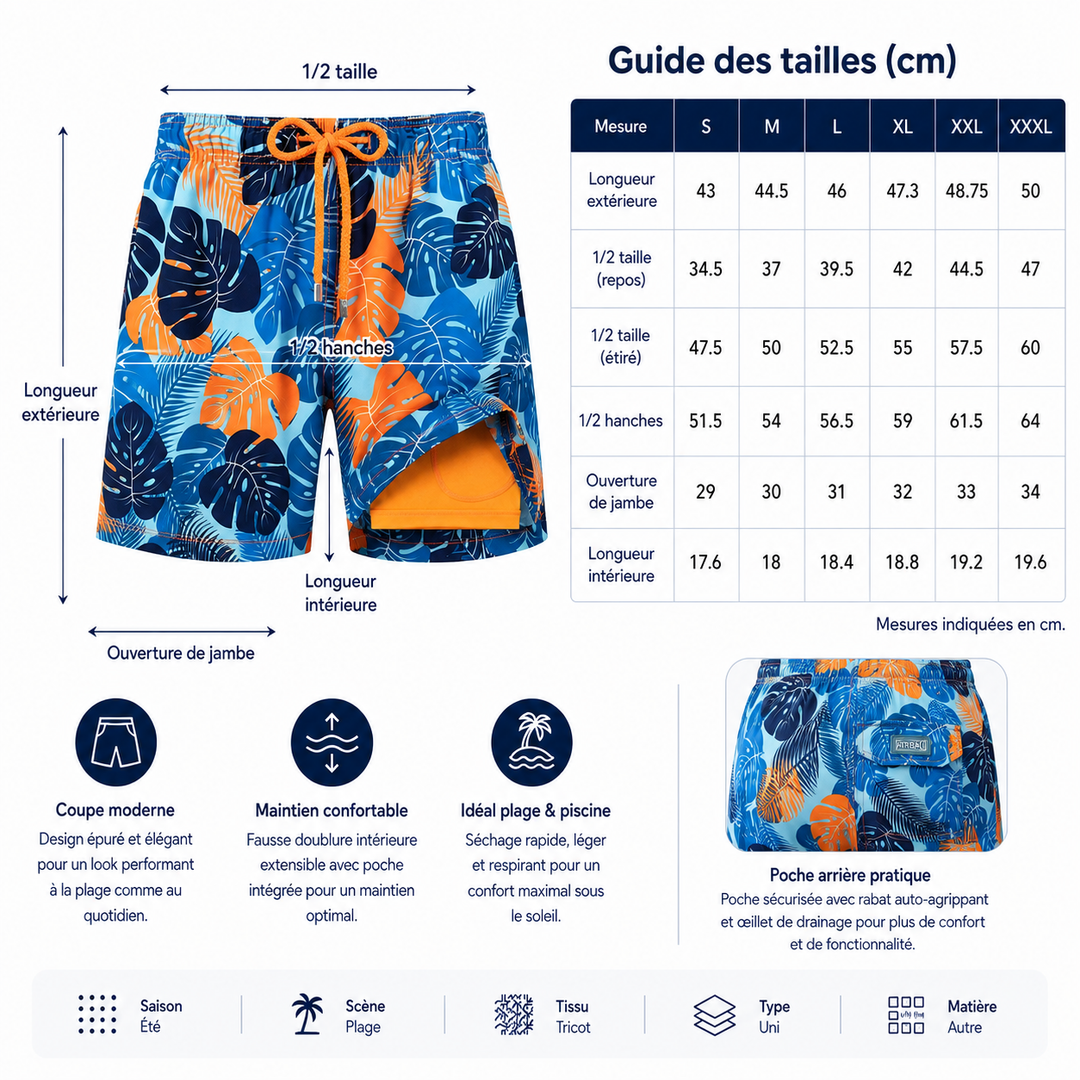 Short de bain homme taille élastique, ajustement parfait. Idéal pour un été actif.