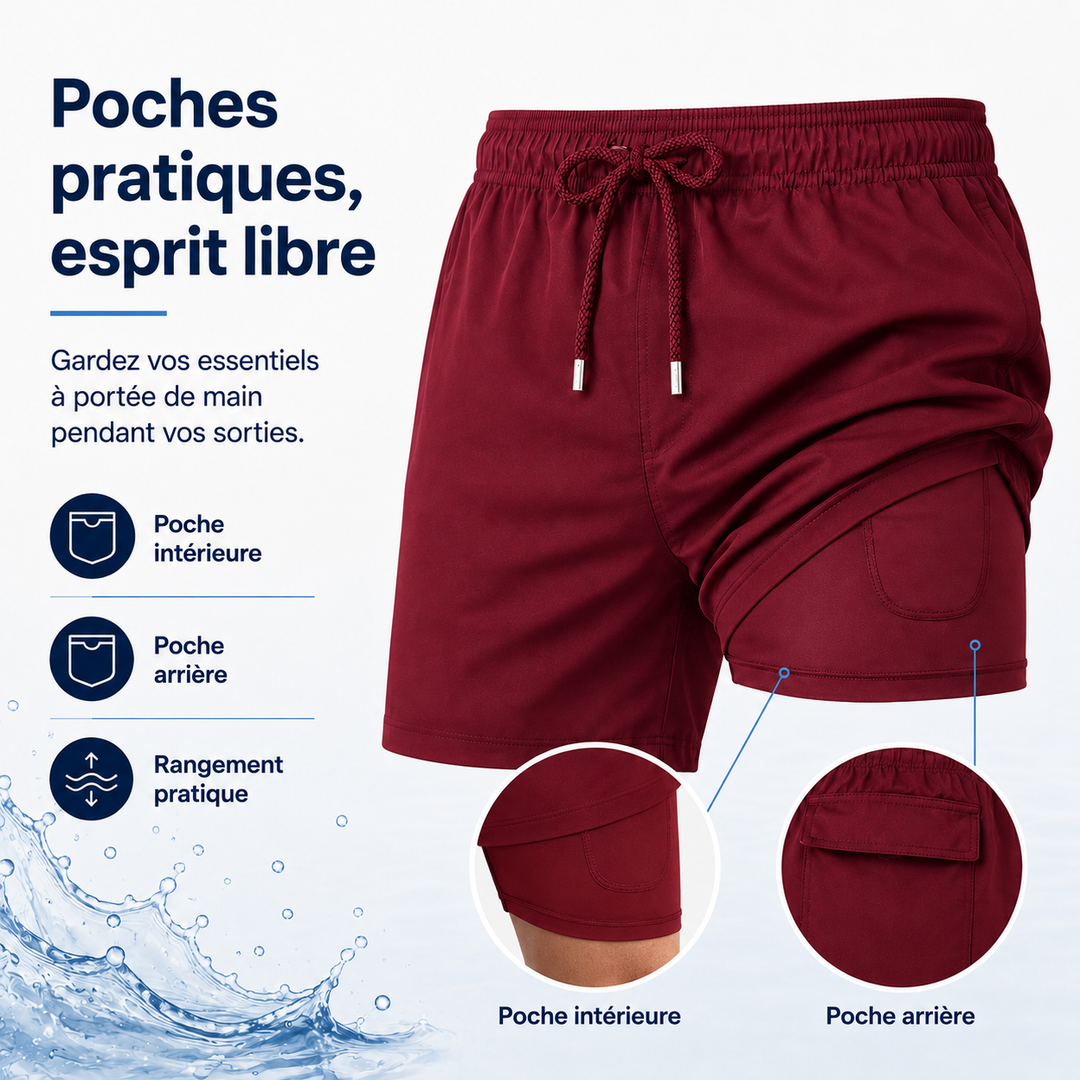 Short de bain homme rouge vif, élégant et visible. Parfait pour la piscine et le soleil.