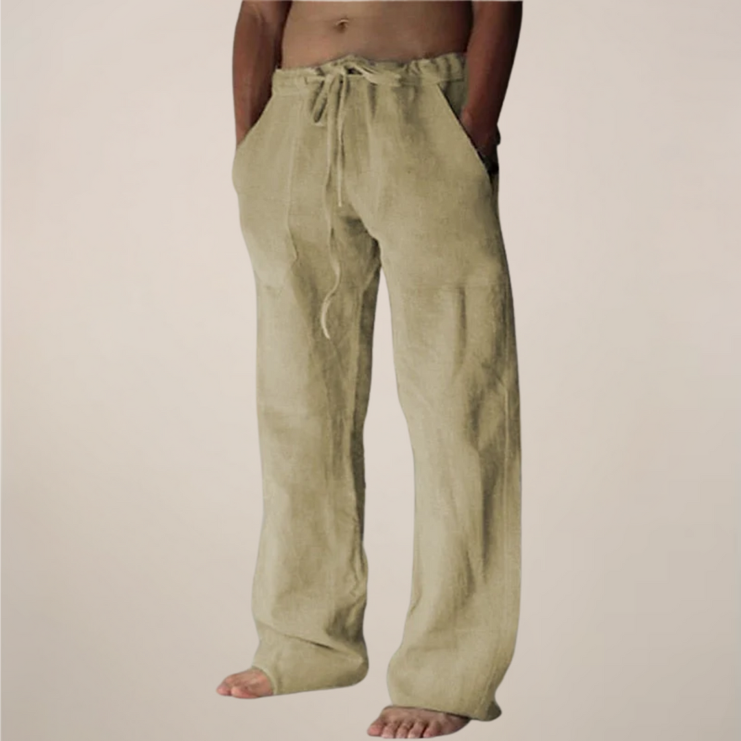 Pantalon large homme décontracté, coupe fluide offrant confort et liberté de mouvement pour les loisirs d'été.
