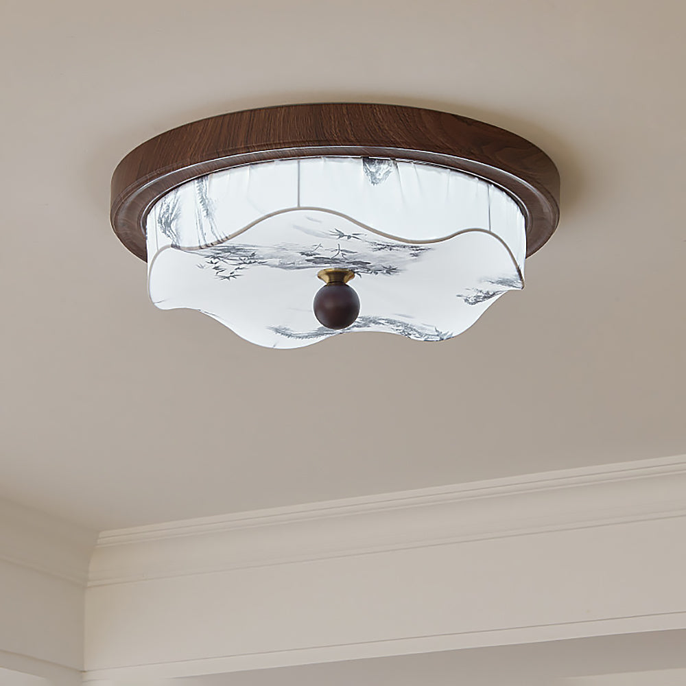 Plafonnier LED avec lumière chaude, design contemporain, parfait pour ambiance lumineuse de salon.