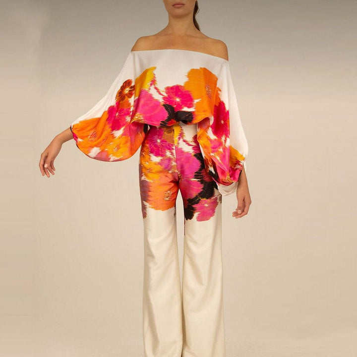 Ensemble de soirée femme deux pièces, chic et confortable : top off-shoulder et pantalon large taille haute pour l'été.